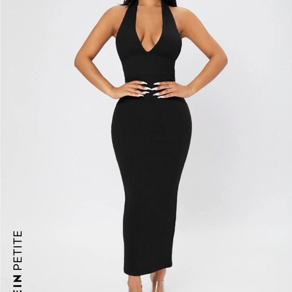 SHEIN PETITE Ribbed Knit Tie Backless Halter Bodycon Dress